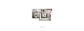 A floor plan of a small apartment with a kitchen, living room, and bedroom.