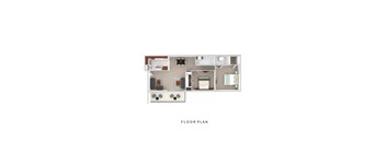 A floor plan of a house with a kitchen, living room, and two bedrooms.