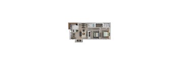 A floor plan of a small apartment with a kitchen, living room, and bathroom.
