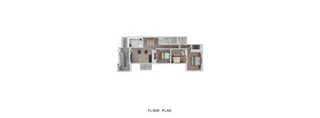 A floor plan of a house with a kitchen, living room, and two bedrooms.