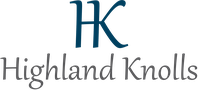 The image shows a stylized text logo with a large blue letter "K" and the words "Highland Knolls" beneath it.