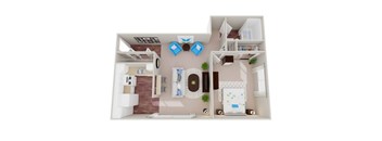 A top-down view of a small apartment with a kitchen, living room, and bedroom.