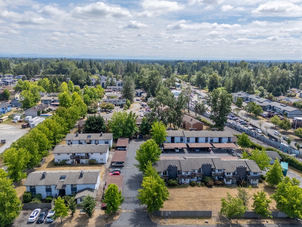A bird's eye view of a residential area with houses and trees.