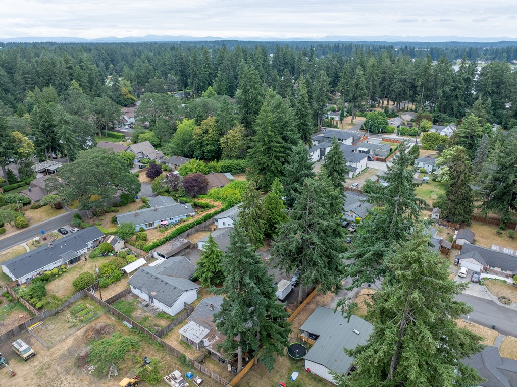 A bird's eye view of a residential area with houses and trees.