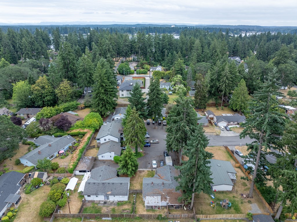 A bird's eye view of a residential area with houses and trees.