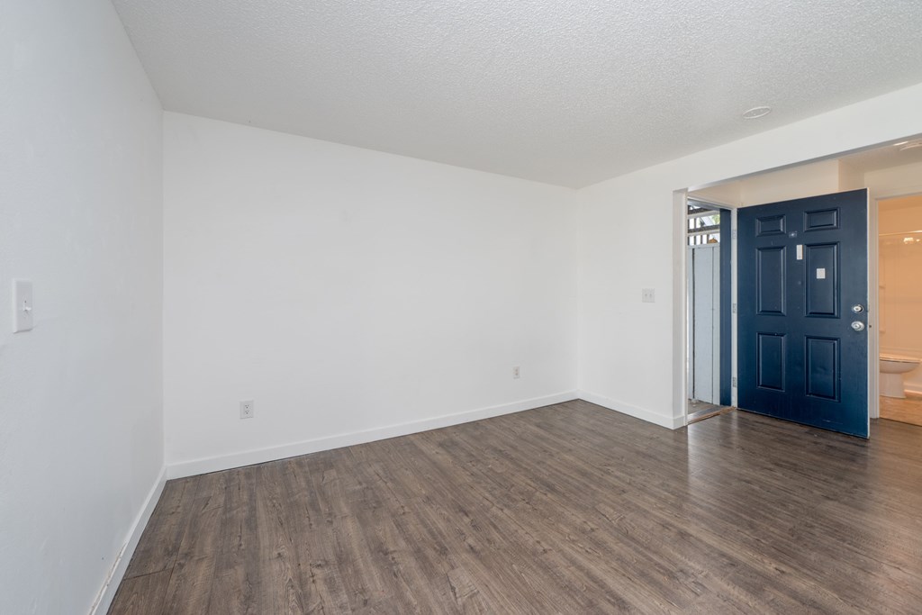 A room with a dark blue door and wooden flooring.