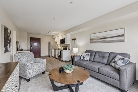 A living room with a grey couch and a wooden coffee table.