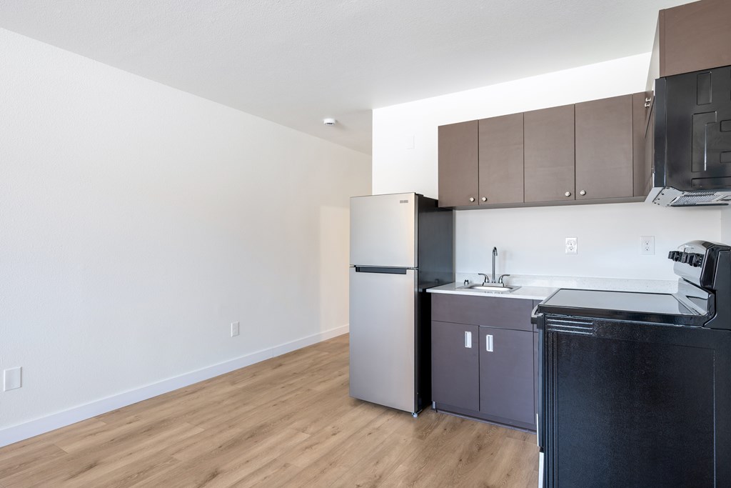 A kitchen with a black fridge and a white dishwasher.