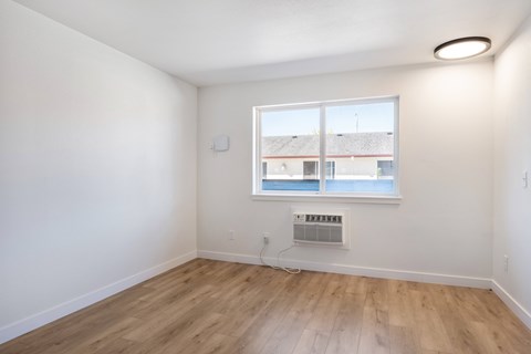 A room with a window and a radiator on the wall.