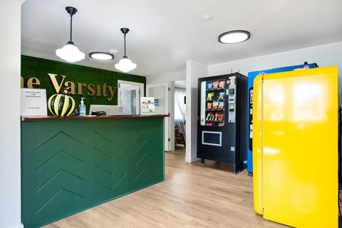 A green counter with a sign that says "The Varsity" on it.