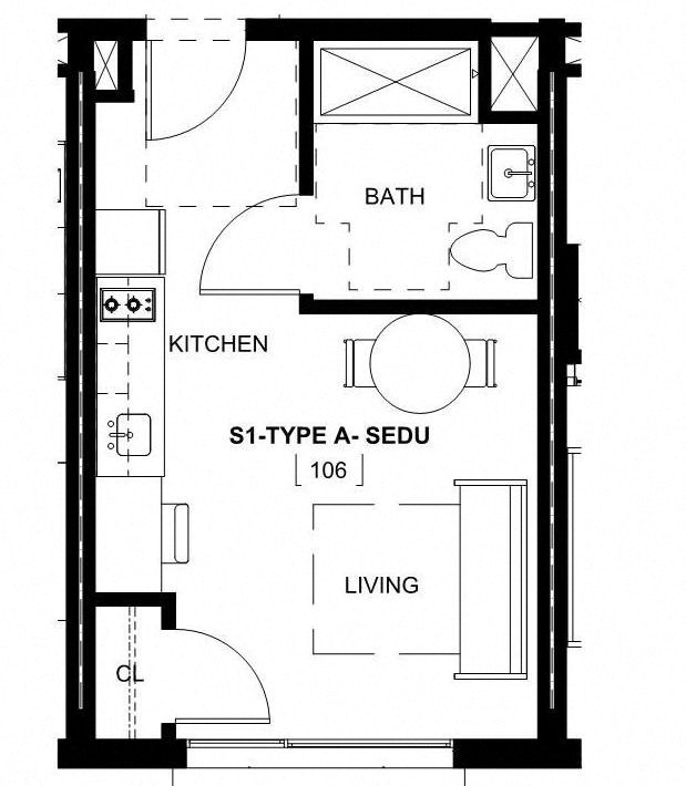 a floor plan of a small house with a bathroom and a bedroom