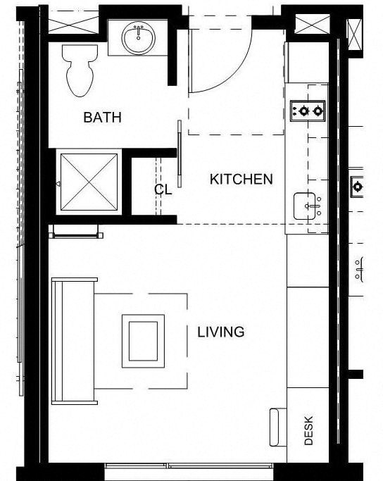 a floor plan of a small house with a bathroom and a kitchen