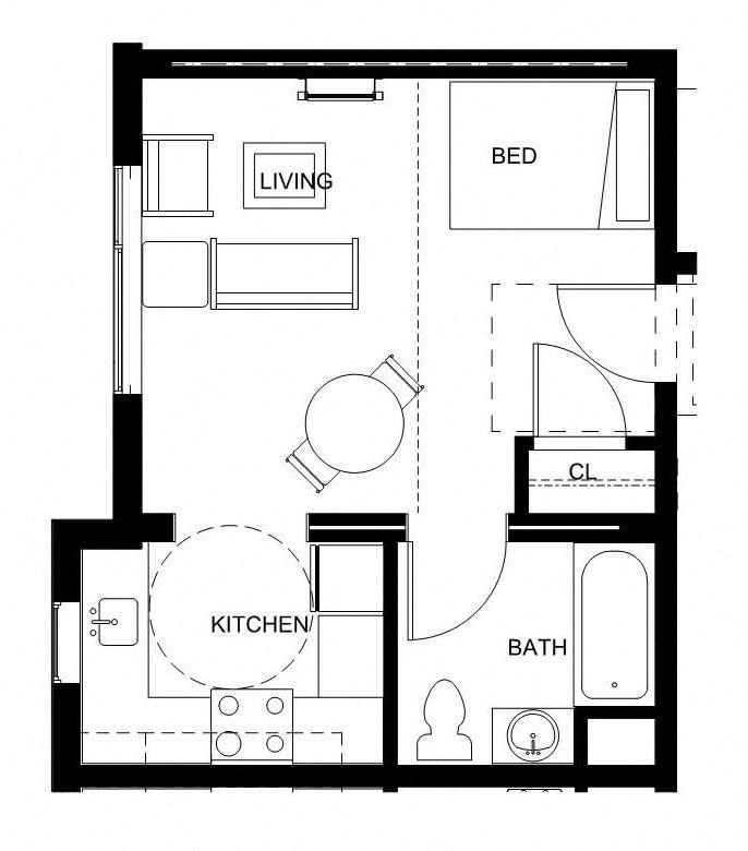a floor plan of a small house with a bedroom and a bathroom