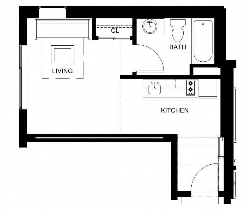 a floor plan of a small house with a bedroom and a living room