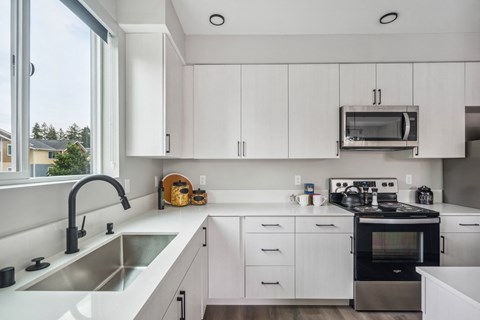 Stainless steel modern appliances at Alta Crossing Apartments.