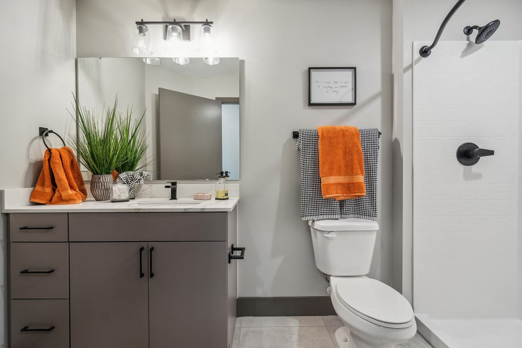 Modern bathrooms with bathtub and shower at Alta Crossing Apartments.