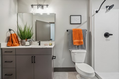Modern bathrooms with bathtub and shower at Alta Crossing Apartments.