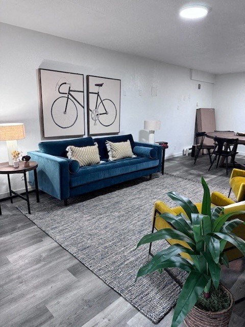 a living room with a blue couch and a rug