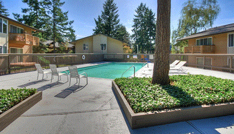 our apartments have a large pool and lounge chairs