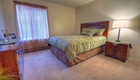 a bedroom with a bed and a dresser and a window