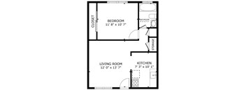A floor plan of a small apartment with a bedroom, living room, kitchen, and bathroom.
