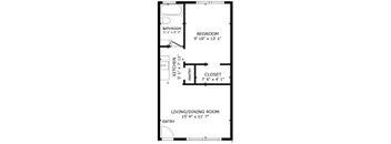 A black and white image of a floor plan for a small apartment.