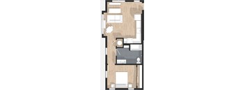 A floor plan of a house with a kitchen, living room, and two bedrooms.