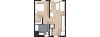 A floor plan of a house with a kitchen, living room, and bathroom.
