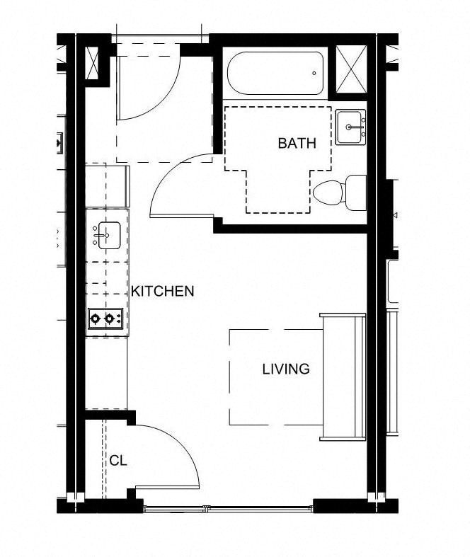 a floor plan of a small house with a bedroom and a bathroom