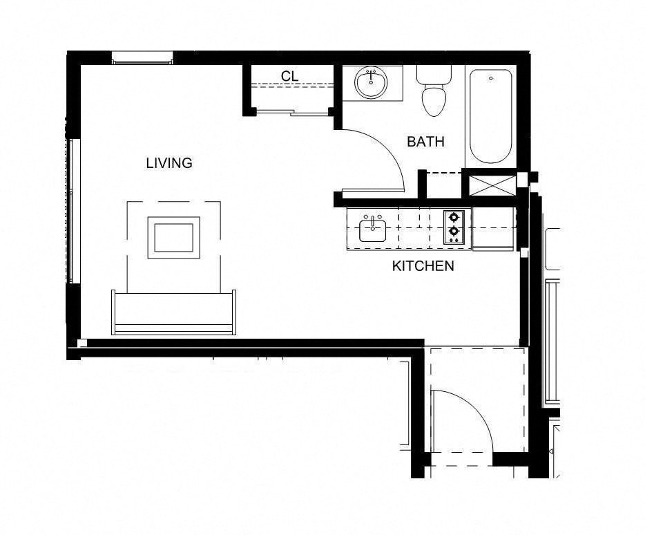a floor plan of a small house with a bedroom and a living room