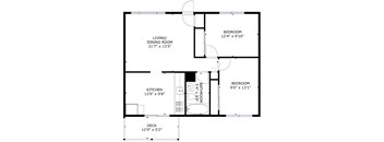 A black and white image of a floor plan for a home with a living/dining room, kitchen, two bathrooms, and two bedrooms.