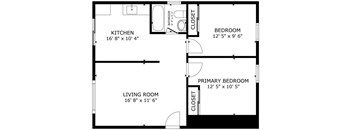 A black and white image of a floor plan for a home with a kitchen, living room, and two bedrooms.