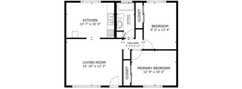 A floor plan of a house with a living room, kitchen, two bedrooms and a hallway.