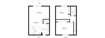 A black and white image of a floor plan for a two-level home.
