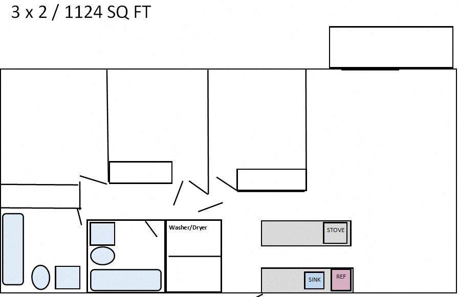 a floor plan of a room with furniture and a bathroom
