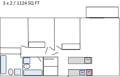 a floor plan of a room with furniture and a bathroom