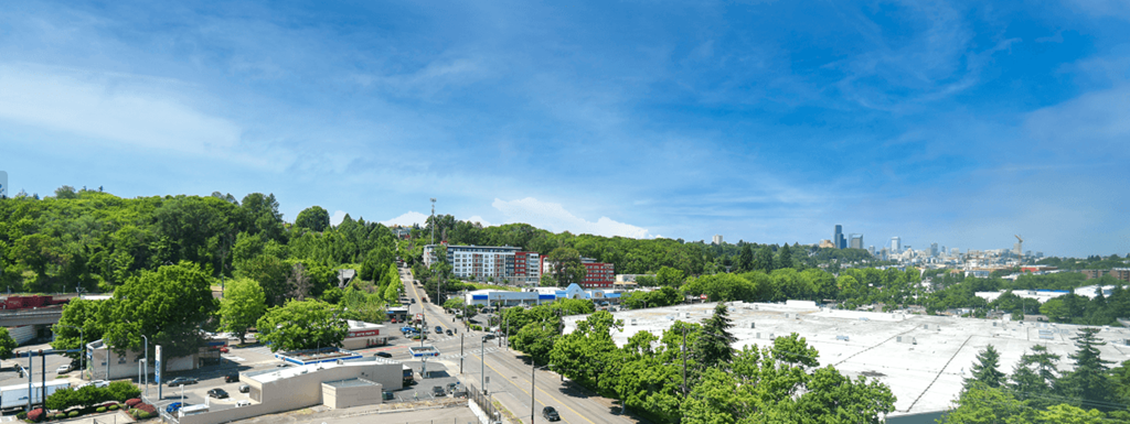 an aerial view of a city with a park and a stadium