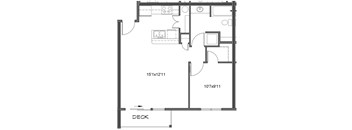 A floor plan of a house with a deck and dimensions.