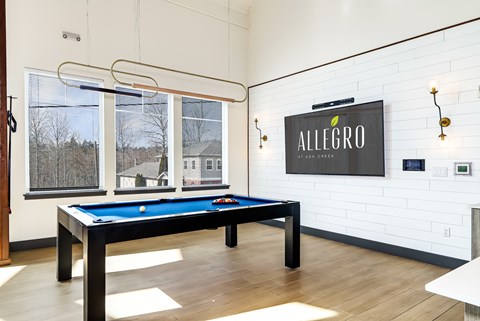 A pool table in a room with a sign that says "Allegro" on the wall.