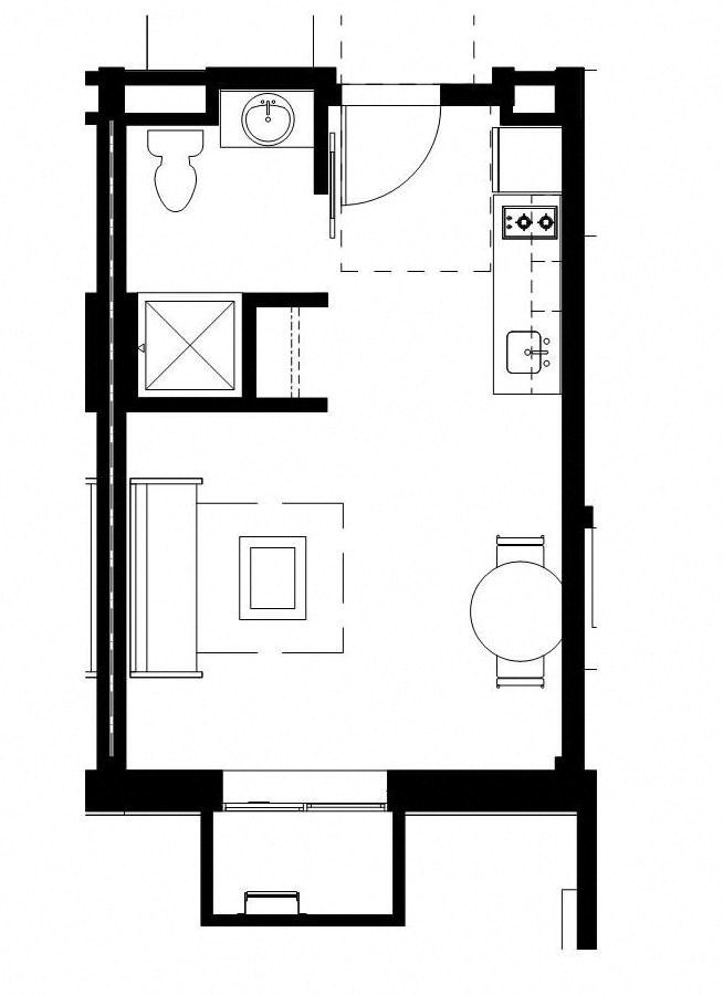 a floor plan of a small house with a bedroom and a living room