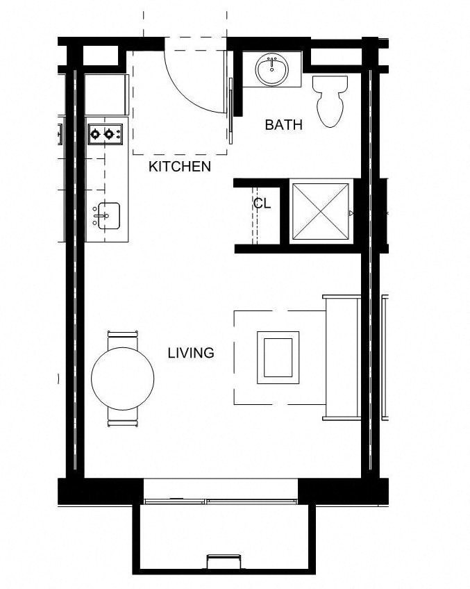 a floor plan of a small house with a kitchen and a living room