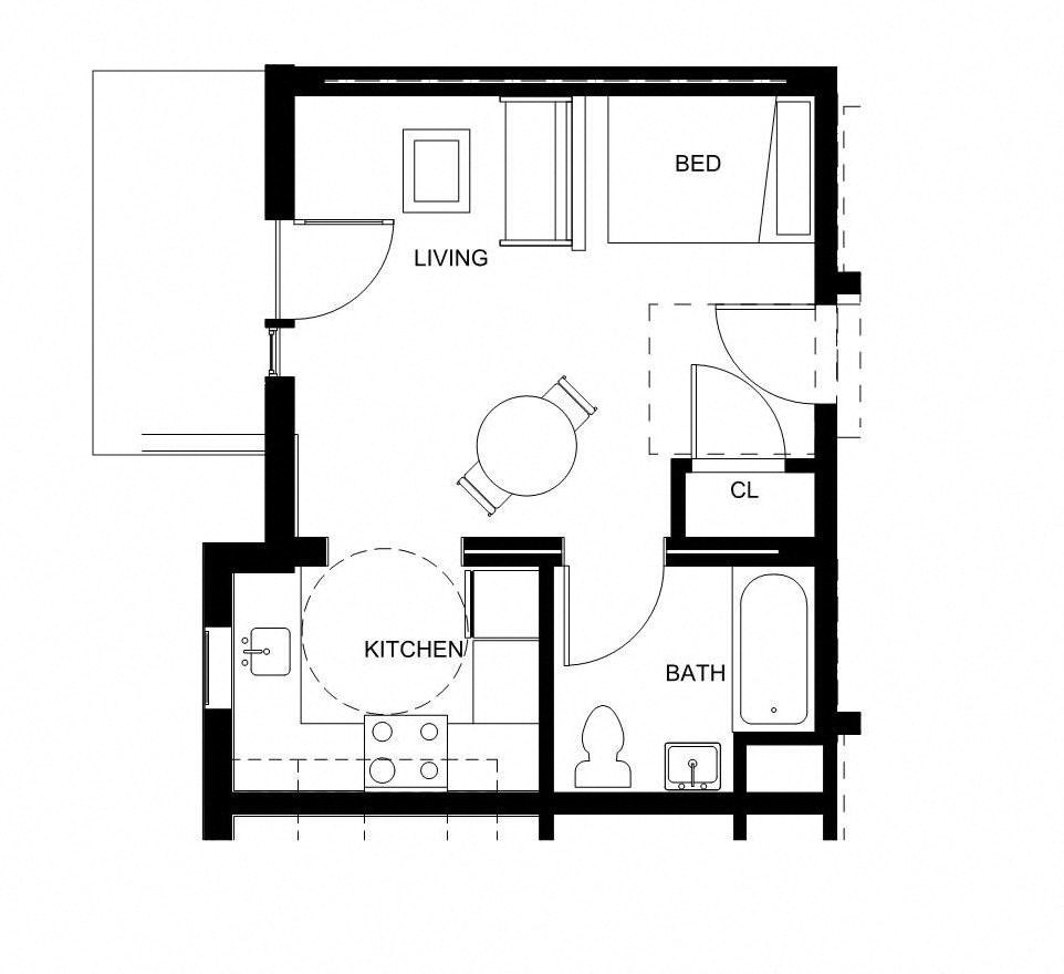 a floor plan of a small house with a bedroom and a kitchen