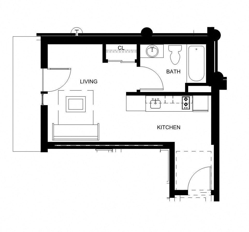 a floor plan of a small house with a bedroom and a bathroom