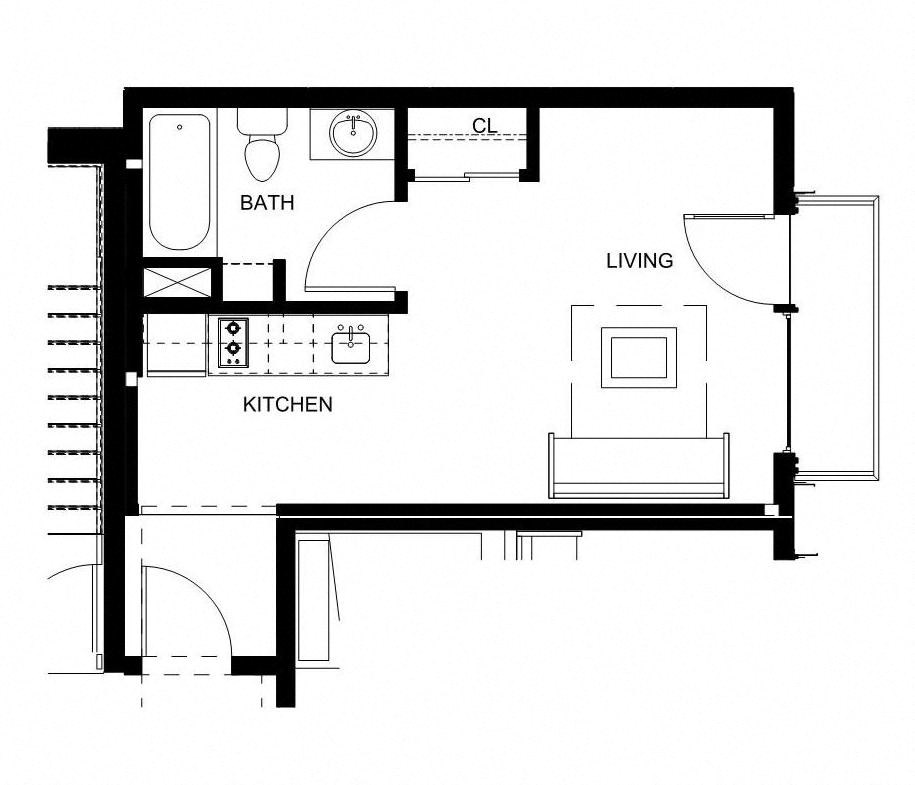 a floor plan of a small house with a bedroom and a living room