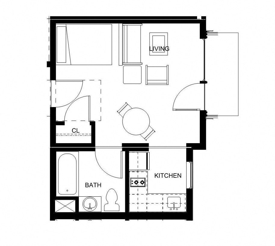 a floor plan of a small room with a bedroom and a bathroom