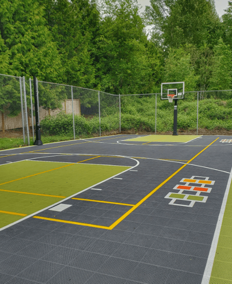 a basketball court in a park with a basketball hoop