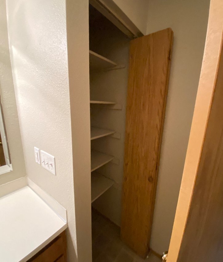 a closet in a bathroom with shelves and a door