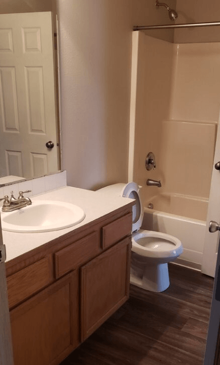 a bathroom with a toilet and a sink and a shower