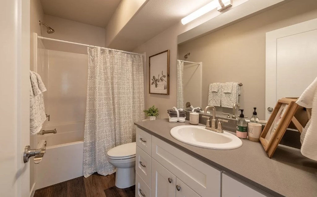 A bathroom with a white toilet, sink, and shower curtain.