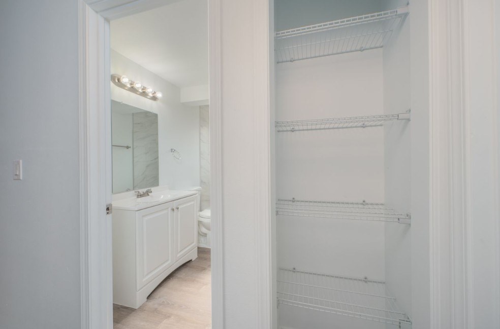 A white bathroom with a white cabinet and a white closet.